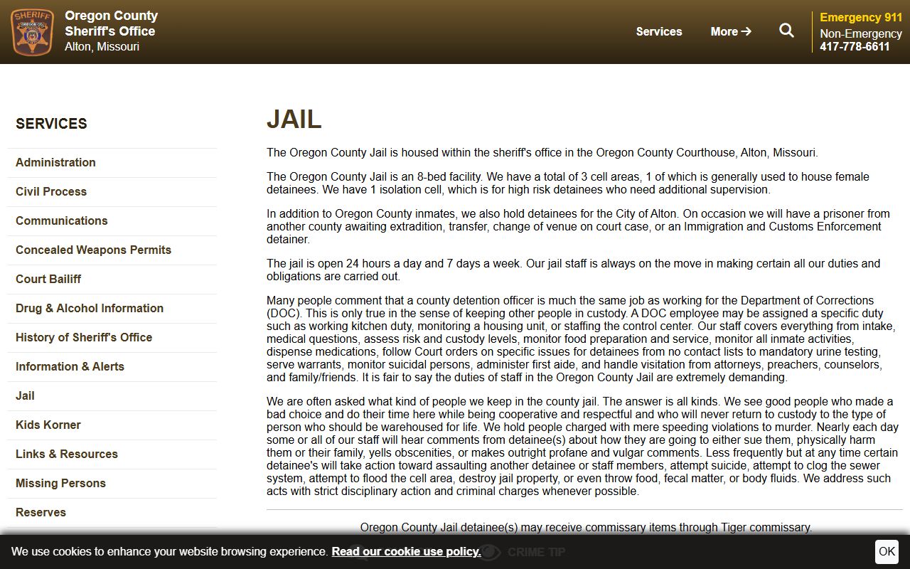 Oregon County inmate search jail page with no public roster
