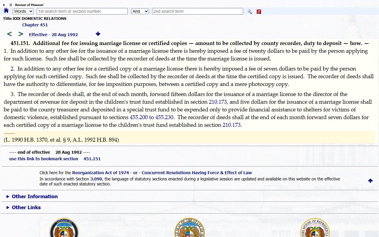 Oregon County marriage records and Missouri marriage license fee statute