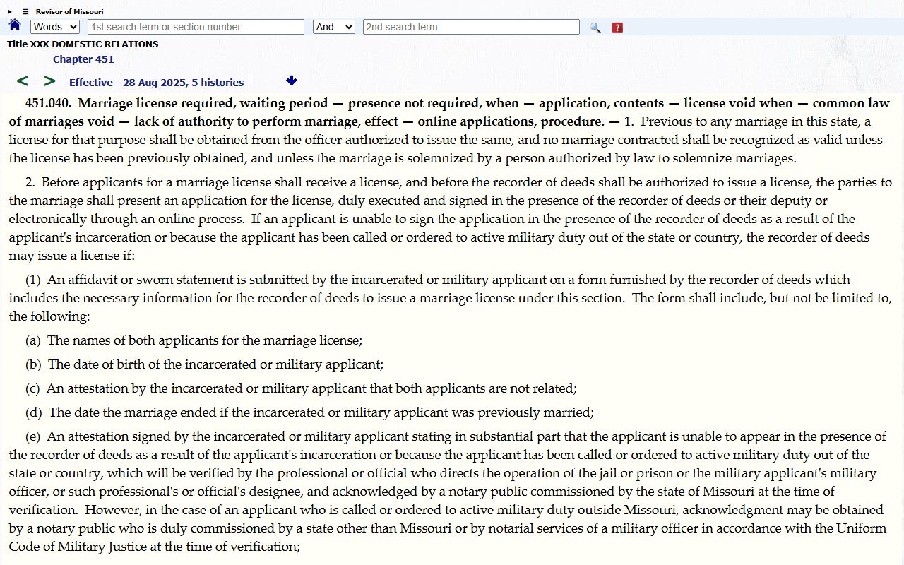 Oregon County marriage records under Missouri marriage license statute