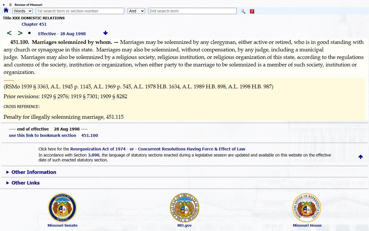 Oregon County marriage records and Missouri solemnization statute