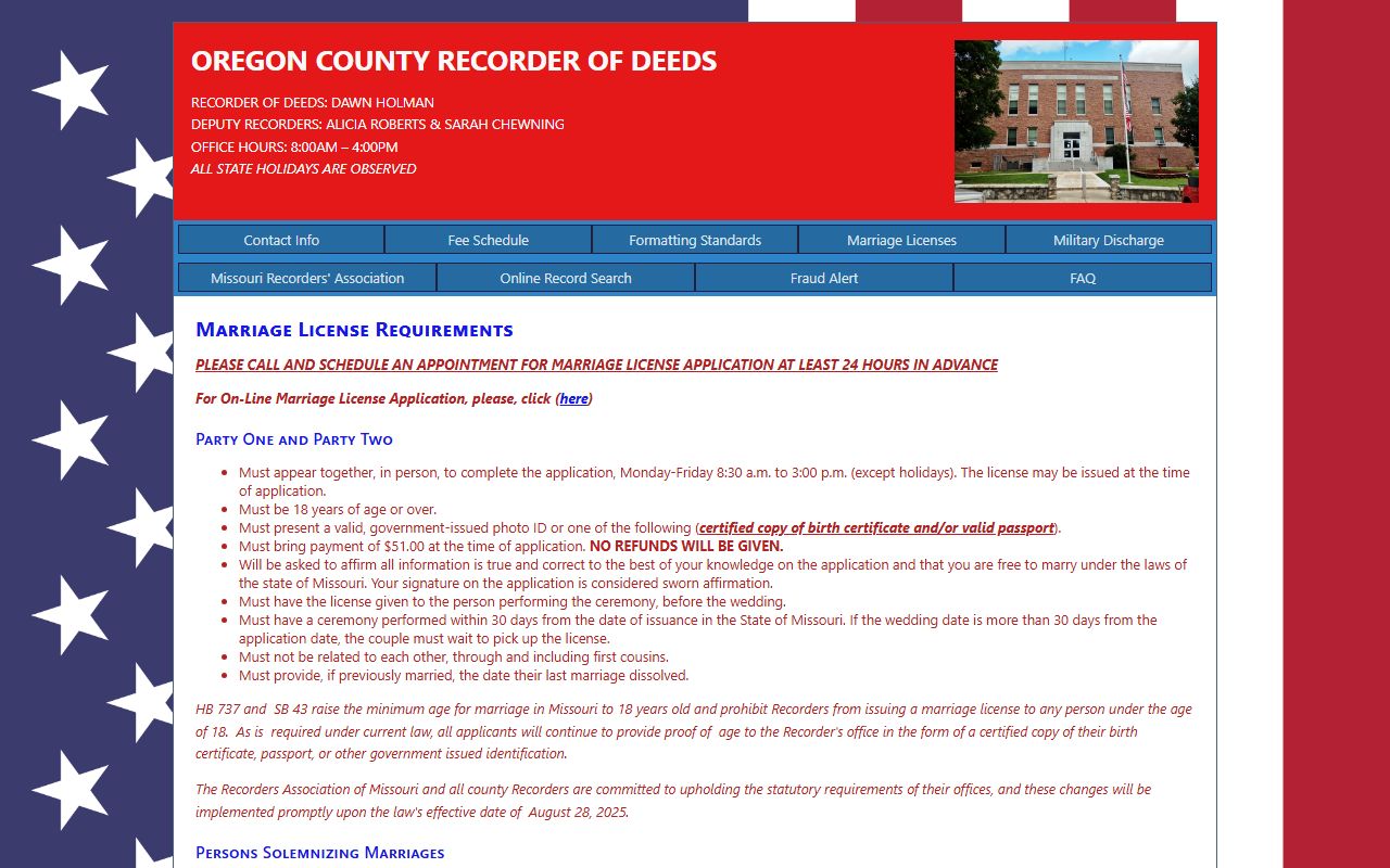 Oregon County marriage records through Recorder of Deeds marriage license page