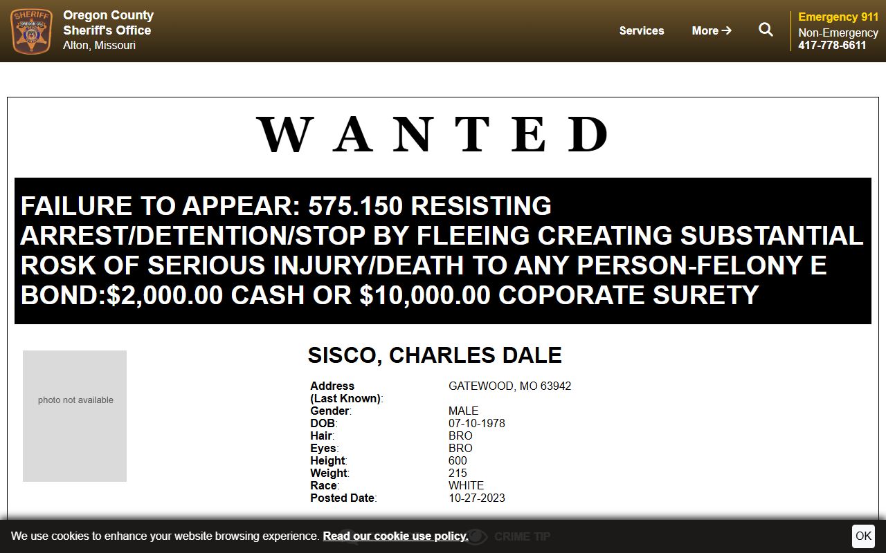 Oregon County warrant record sample sheriff wanted profile