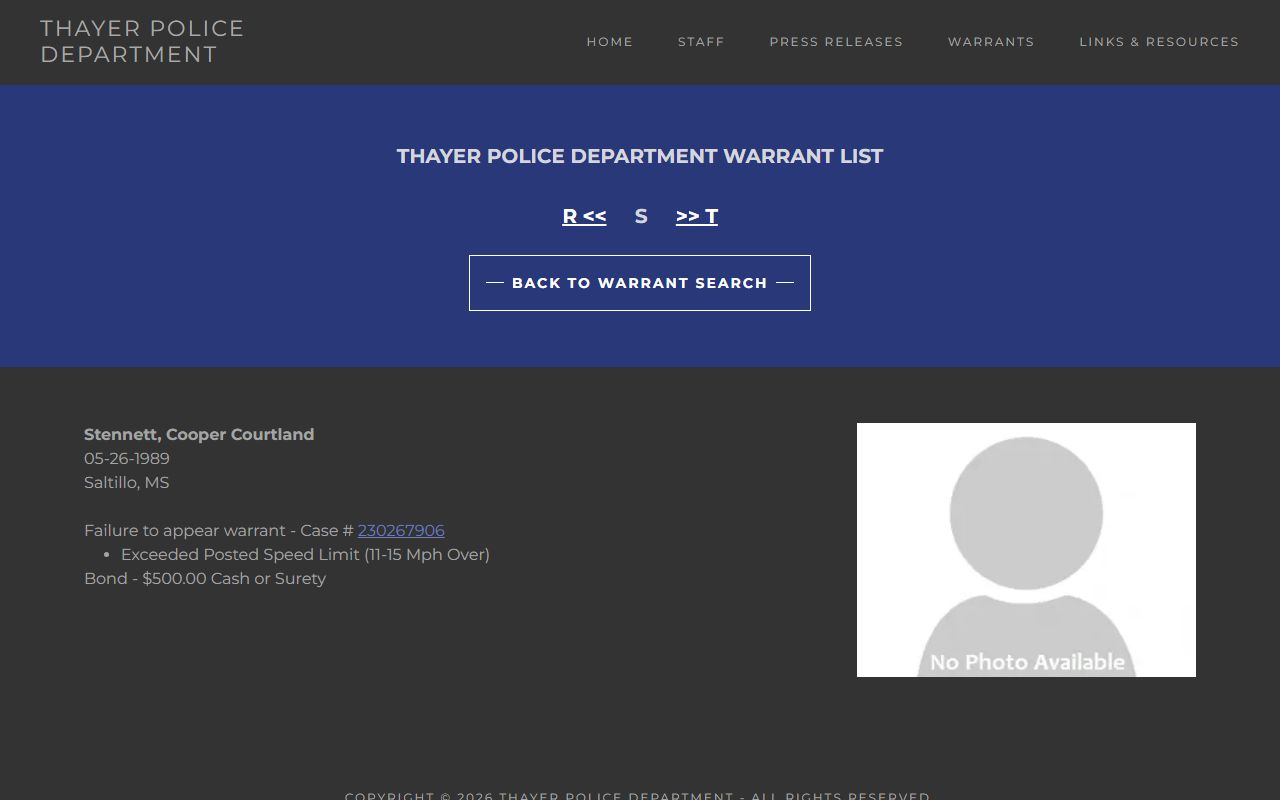 Oregon County warrant record sample Thayer Police warrant page