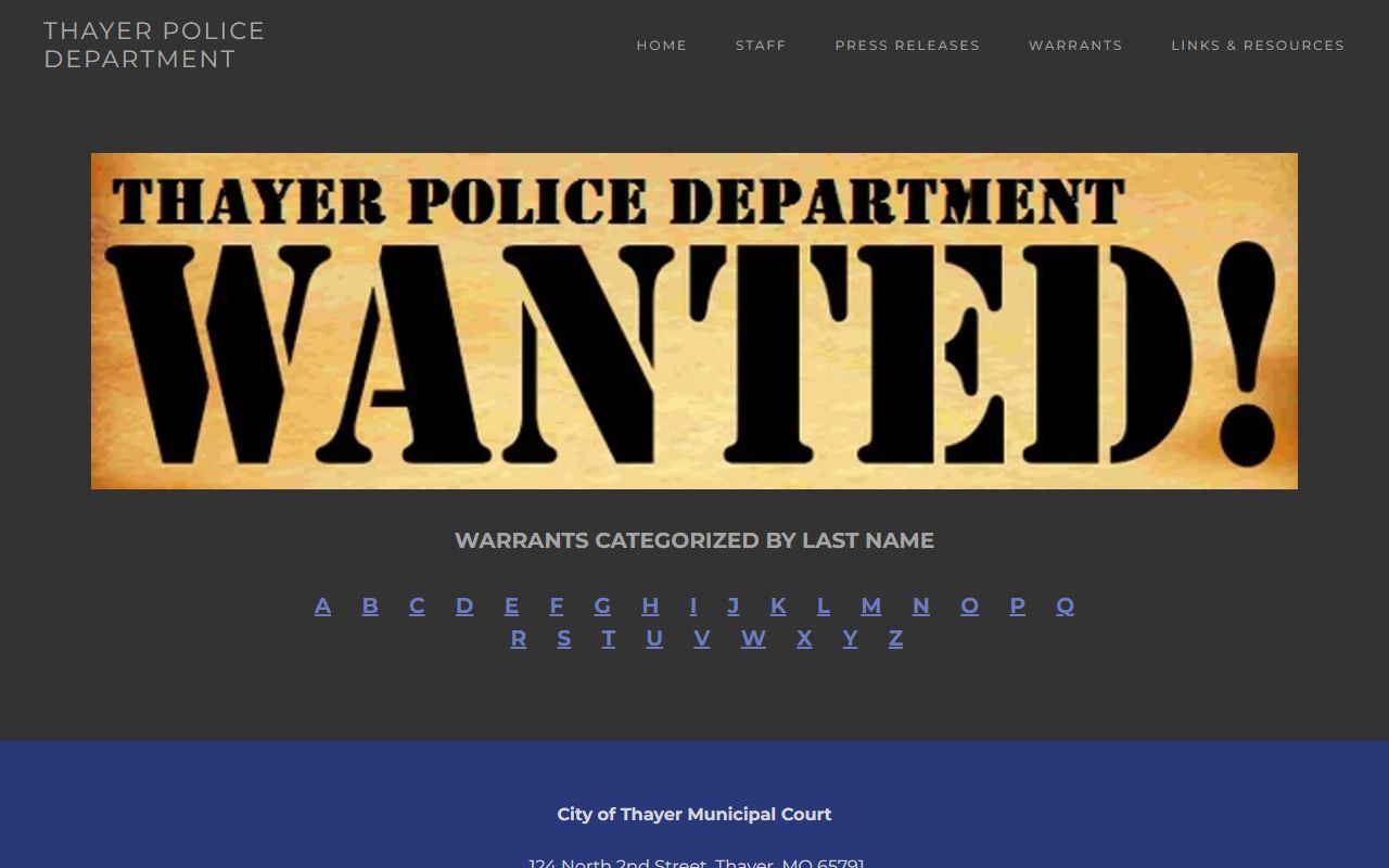Oregon County warrant search Thayer Police A to Z index